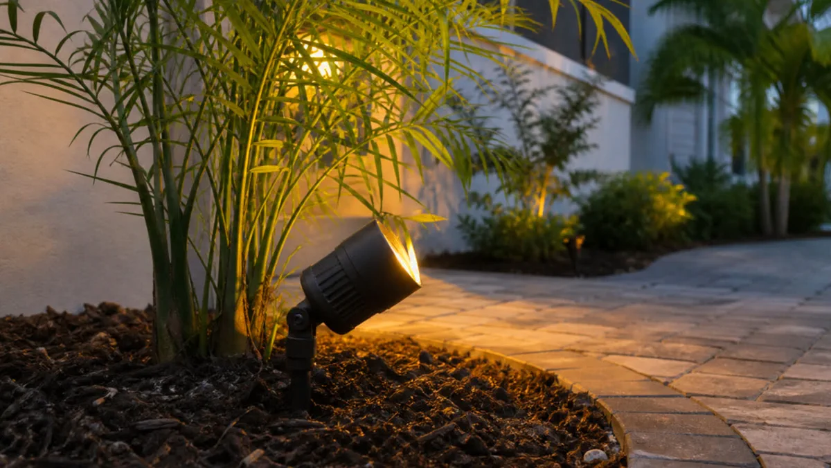 Low-voltage path light placement along a Sarasota walkway